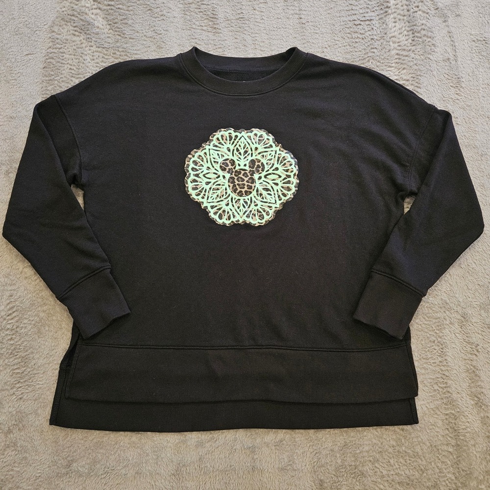 Time and Tru Mickey Mouse Mandala Leopard Print Sweatshirt Black Womens Large